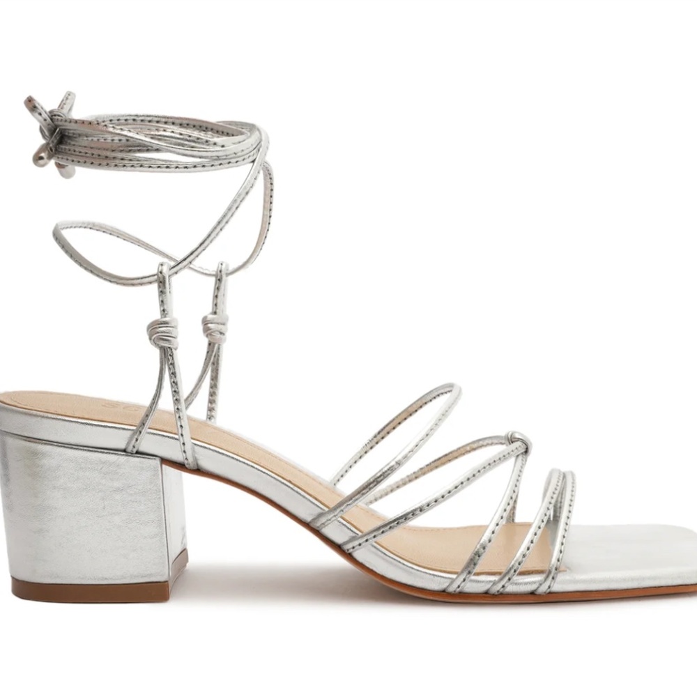 NIB Silver SCHUTZ strappy leather block heel with ankle tie square toe fits US 8